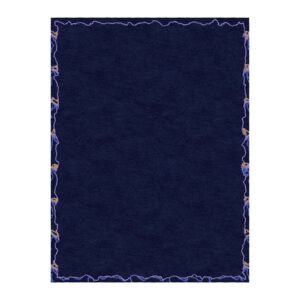 Custom tufted rug with deep navy field and lavender lightning inspired border, size 9'x12'