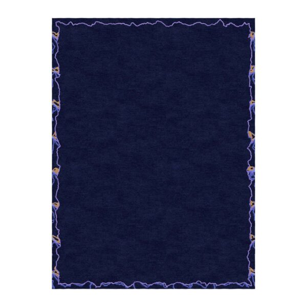 Custom tufted rug with deep navy field and lavender lightning inspired border, size 9'x12'