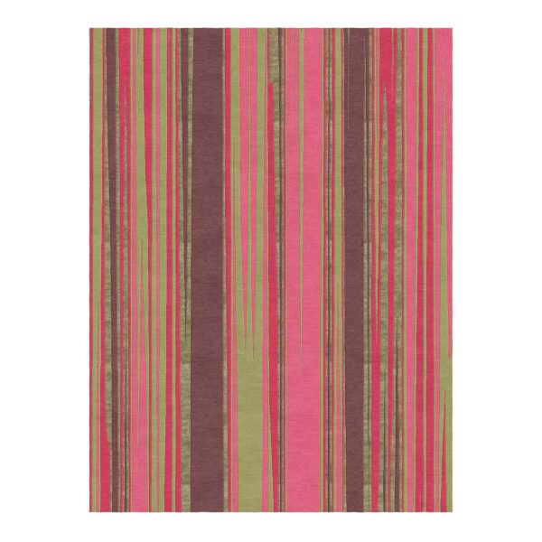 Custom tufted New Zealand wool rug with pink and green Morandi-inspired stripes, 9x12 feet