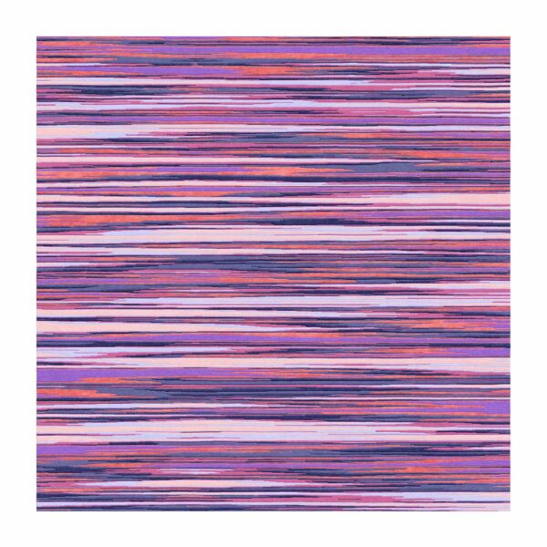 Custom tufted 8'x8' square rug with horizontal stripes in shades of purple, pink, and blue, made from New Zealand wool