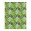 Custom tufted wool area rug with geometric square pattern in multiple shades of green, 8 feet by 10 feet