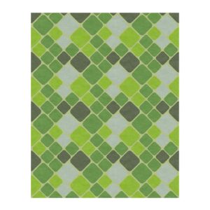 Custom tufted wool area rug with geometric square pattern in multiple shades of green, 8 feet by 10 feet