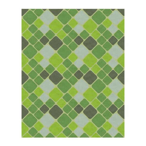 Custom tufted wool area rug with geometric square pattern in multiple shades of green, 8 feet by 10 feet