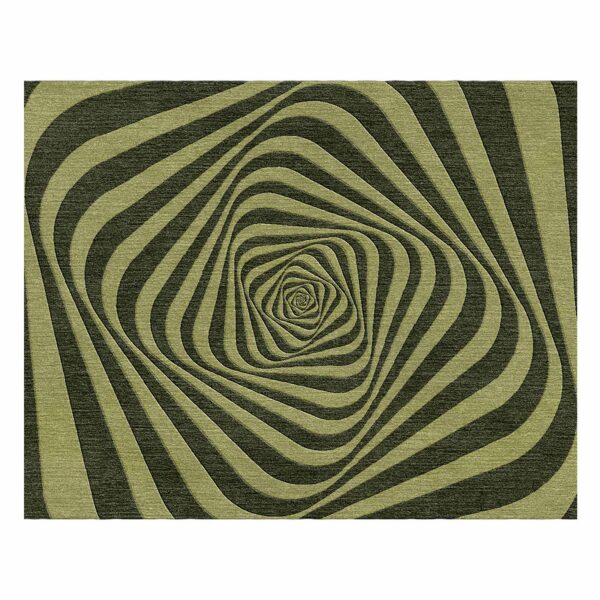 Custom tufted wool area rug with green spiral optical illusion design, 8'x10'