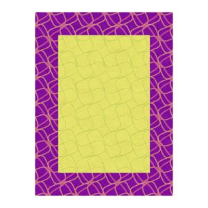 Custom tufted wool rug with lime green center and purple border, featuring curved geometric patterns, 9x12 feet