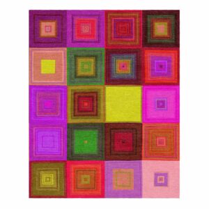 Colorful mosaic square pattern custom tufted wool rug, 8'x10', featuring vibrant purples, reds, greens, and yellows