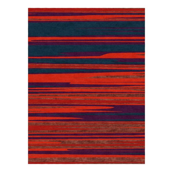 Vibrant custom tufted wool rug with apple red, teal, purple, and brown horizontal stripes, 9'x12'