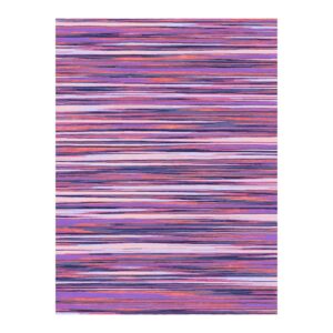 Custom tufted wool rug with vibrant purple, pink, and blue horizontal stripes, 9x12 feet