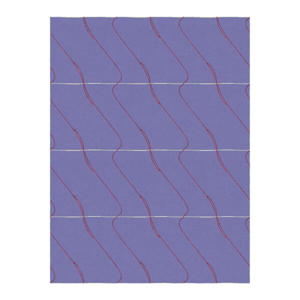 Custom tufted wool rug with red wavy lines on lavender purple background, 9x12 feet