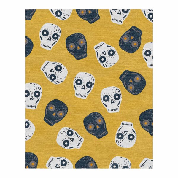 Custom tufted wool rug with cartoon skull pattern in navy and white on yellow background, 8x10 feet rectangle