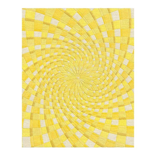 Rectangular wool rug with yellow and cream checkered pattern creating spiral optical illusion effect