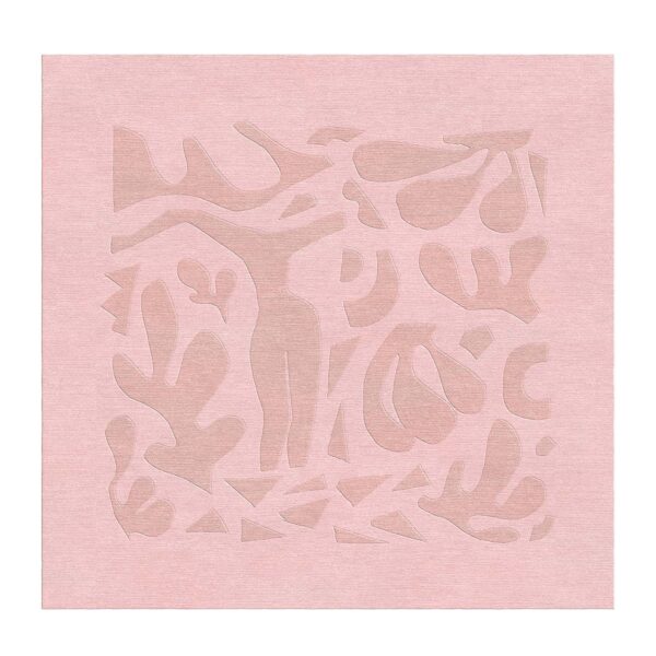 Square hand-tufted wool rug with tonal abstract cutout shapes in varying blush pink shades, 6x6 feet