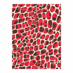 Abstract giraffe print wool area rug featuring organic shapes in vibrant red and deep brown on cream background, contemporary 9x12 size