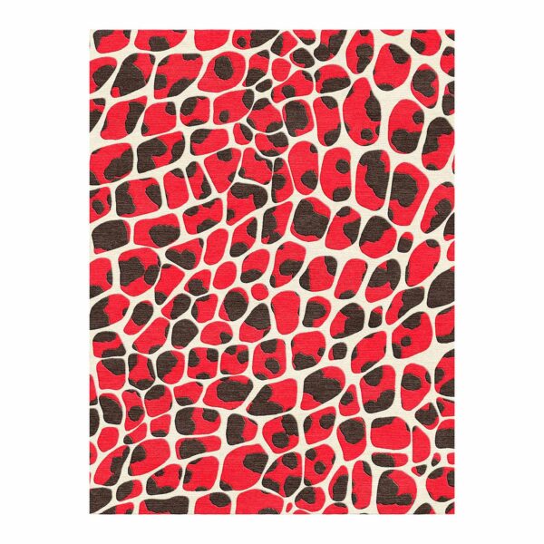 Abstract giraffe print wool area rug featuring organic shapes in vibrant red and deep brown on cream background, contemporary 9x12 size