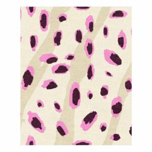 Abstract leopard print wool area rug with organic spots in soft pink and deep plum on cream background, contemporary 8x10 size