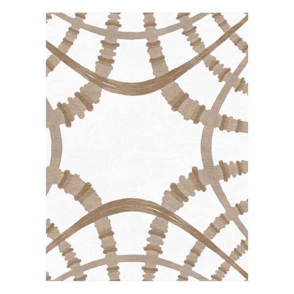 White and taupe hand-tufted wool area rug featuring bold architectural curves and segmented arc patterns, size 9x12 feet