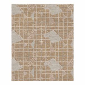 Natural beige hand-tufted wool area rug with mid-century grid pattern and starburst accents in ivory featuring carved geometric details, size 8x10 feet