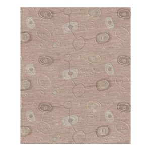 Blush pink hand-tufted wool area rug with mid-century atomic patterns and pearl accents featuring carved orbital motifs, size 8x10 feet