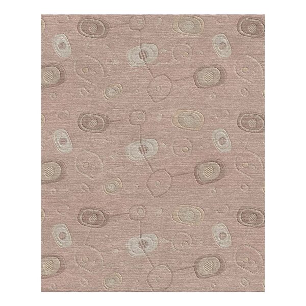 Blush pink hand-tufted wool area rug with mid-century atomic patterns and pearl accents featuring carved orbital motifs, size 8x10 feet