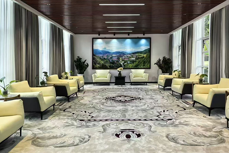 A distant scene of a premium beige hand tufted vintage wool rug, installed in a formal business meeting room