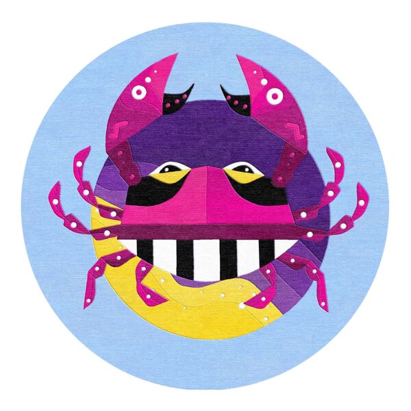 Playful cubist Cancer crab custom tufted wool round rug with piano-key smile in purple, pink, and yellow