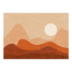 Modern minimalist area rug featuring desert mountain landscape in terracotta and rust tones with full moon against beige sky, 10x14 feet