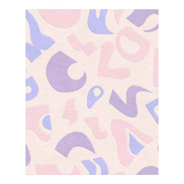 Modern hand-tufted wool area rug with floating abstract shapes in lavender, periwinkle blue, and blush pink on cream background, size 8'x10'