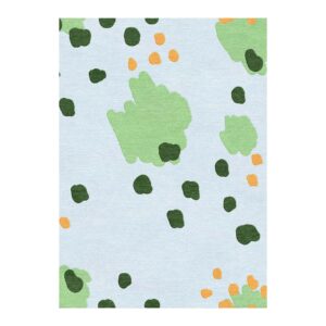 Large hand-tufted wool area rug with organic garden pattern featuring sage and forest green shapes with apricot accents on sky blue background, size 10'x14'