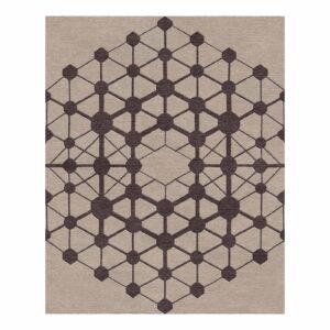 Modern area rug featuring molecular network pattern with charcoal hexagons and connecting lines on taupe background, geometric 8x10 feet