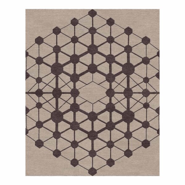 Modern area rug featuring molecular network pattern with charcoal hexagons and connecting lines on taupe background, geometric 8x10 feet