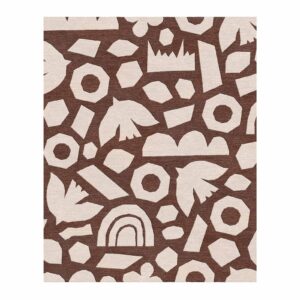 Modern hand-tufted wool rug with geometric and organic cut-out shapes in cream on chocolate brown background, 8x10 feet