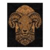 Majestic golden ram head custom tufted wool rug with ornate details on black background