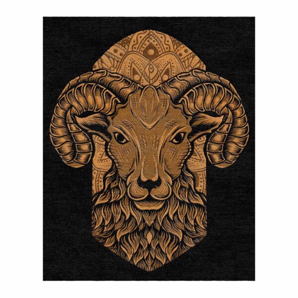 Majestic golden ram head custom tufted wool rug with ornate details on black background