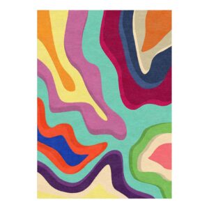 Modern abstract wool rug featuring flowing waves in mint purple coral yellow and blue hand tufted in 10x14 feet size