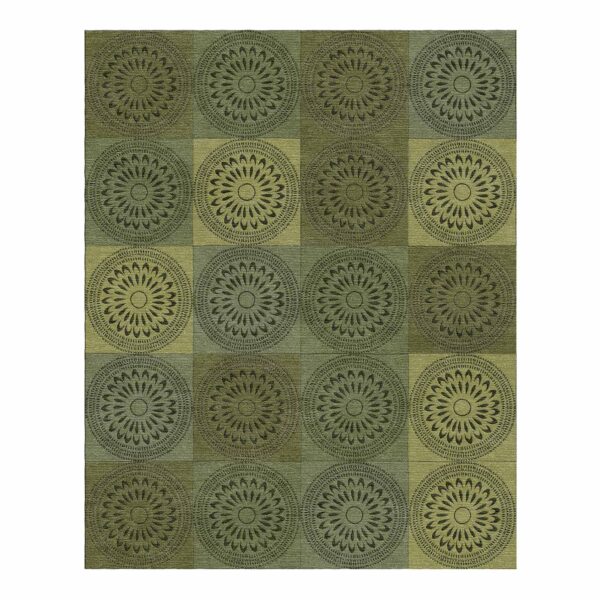 Modern tribal wool rug featuring sage green mandala patterns in checkerboard layout hand tufted in 8x10 feet size