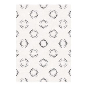 Modern minimalist wool rug featuring grey sunburst patterns on white background hand tufted in 7x10 feet size