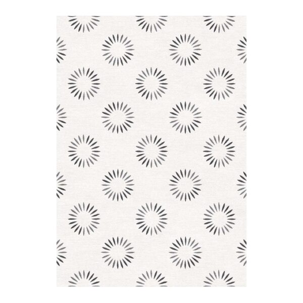 Modern minimalist wool rug featuring grey sunburst patterns on white background hand tufted in 7x10 feet size