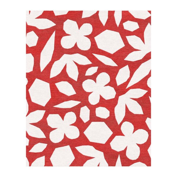 Hand-tufted wool rug with Matisse-inspired white floral and geometric cut-out shapes on vibrant red background, 8x10 feet