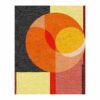 Mid-century modern area rug featuring overlapping orange and yellow circles with geometric color blocks in charcoal and blush, abstract 8x10 feet