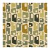 Mid-century modern hand-tufted wool rug with geometric patterns in sage, olive, and mustard on cream ground with starburst accents, size 10x10 feet