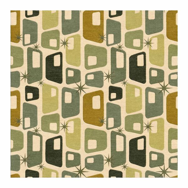 Mid-century modern hand-tufted wool rug with geometric patterns in sage, olive, and mustard on cream ground with starburst accents, size 10x10 feet