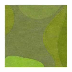 Large square hand-tufted wool rug with minimalist curved design in olive and lime green tones, 10x10 feet