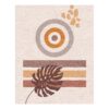 Modern minimalist area rug featuring concentric circles in grey and rust with brown monstera leaf and striped pattern on cream background, 8x10 feet