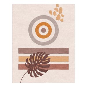 Modern minimalist area rug featuring concentric circles in grey and rust with brown monstera leaf and striped pattern on cream background, 8x10 feet