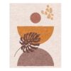 Modern abstract wool area rug featuring terracotta semicircle and mauve monstera leaf on ivory background, size 8x10 feet