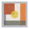 Minimalist geometric wool area rug featuring yellow circle with terracotta and grey color blocks on light background, square 8x8 format