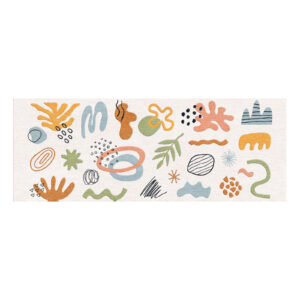 Modern hand-tufted wool runner rug with abstract botanical shapes in orange, blue, pink and sage green on cream background, 3x8 feet