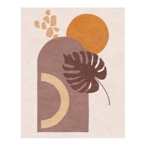 Modern abstract area rug featuring taupe arch with monstera leaf, golden accent curve and rust orange sun circle on cream background, 8x10 feet