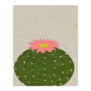 Modern botanical wool area rug featuring green barrel cactus with coral flower and white spines on beige background, contemporary 8x10 size