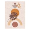 Modern abstract wool area rug with brown monstera leaf, terracotta circles and honey arches on ivory background, size 9x12 feet